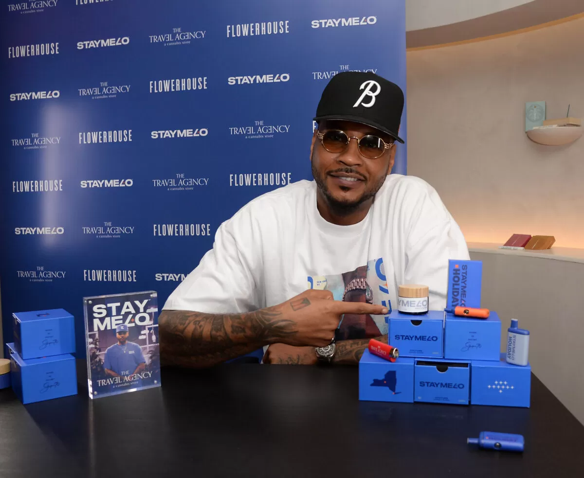 NEW YORK, NEW YORK - APRIL 17: Carmelo Anthony is seen at The Travel Agency where he debuts his cannabis brand STAYME70 on April 17, 2025 in New York City. (Photo by Michael Simon/Getty Images for The Travel Agency)