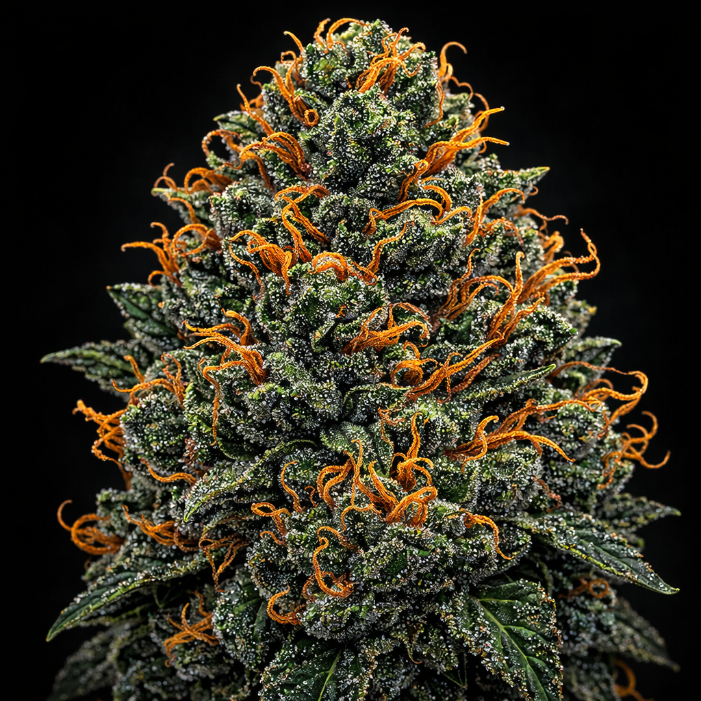 Illustrated Hindu Kush cannabis bud with dense indica structure, heavy trichomes, dark green flowers and bright orange pistils on a dark background.