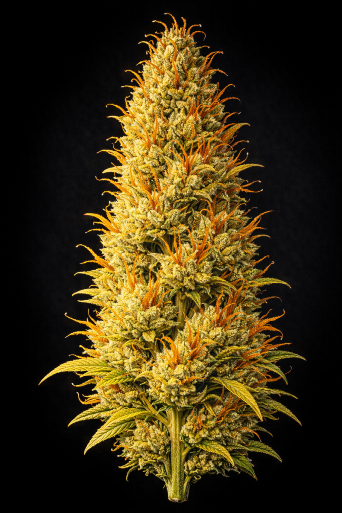 Illustrated Acapulco Gold cannabis bud with golden coloration, loose tropical sativa structure, and copper pistils on a dark background.