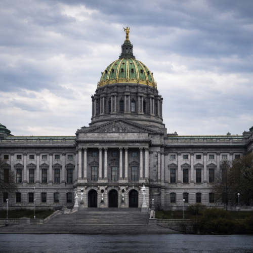 Illustration of the Pennsylvania State Capitol building during a cannabis DUI law policy debate