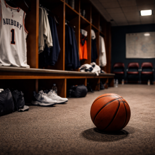 Photo illustration of a college basketball court before tournament play. Created for editorial use.