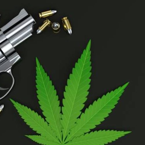 Cannabis leaf with gun and ammunition on grey background. 3d illustration
