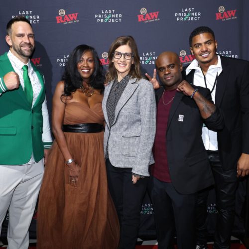 NEW YORK, NEW YORK - SEPTEMBER 24: Jeremy Grove, Stephanie Shepard, guest, Kyle Page, and Dante West attend Last Prisoner Project's Inaugural Journey To Justice Gala at Sony Hall on September 24, 2024 in New York City.  (Photo by Johnny Nunez/Getty Images for Last Prisoner Project)