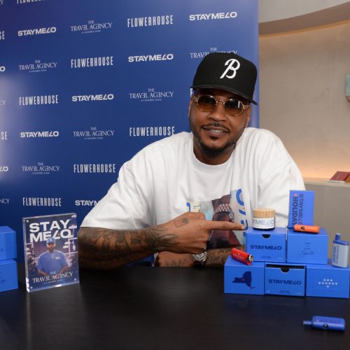 NEW YORK, NEW YORK - APRIL 17: Carmelo Anthony is seen at The Travel Agency where he debuts his cannabis brand STAYME70 on April 17, 2025 in New York City. (Photo by Michael Simon/Getty Images for The Travel Agency)